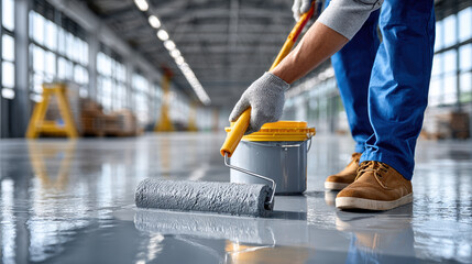 Worker applying epoxy floor coating with roller in industrial warehouse setting