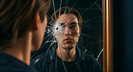 A somber man gazes into a shattered mirror featuring radial cracks and a central impact point. This image is perfect for illustrating concepts of internal struggle identity crisis or psychological the