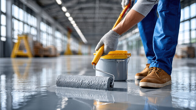 Worker applying epoxy floor coating with roller in industrial warehouse setting