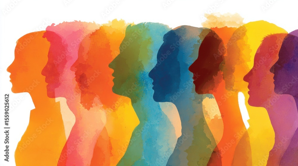 Poster silhouettes of various individuals are displayed in a gradient of bright colors, symbolizing unity a