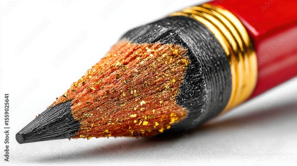 Poster a sharpened pencil lies on a clean surface, revealing its pointed tip and colorful shavings scattere