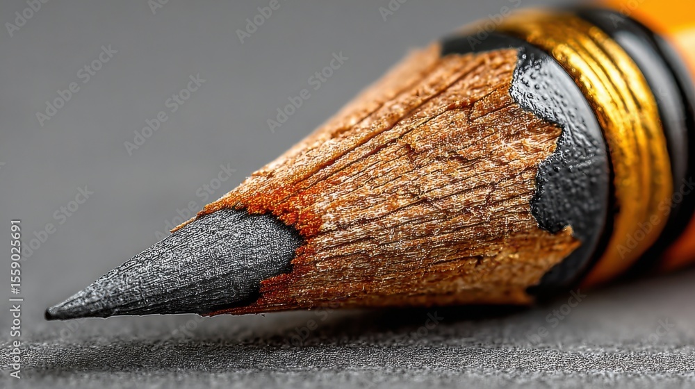 Poster a detailed focus on a sharpened pencil shows its rugged wooden texture and the sharp graphite tip. t