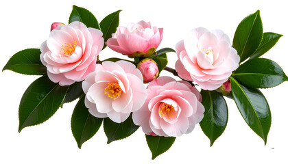 Branch of Blooming Pink Camellia Flowers with Glossy Green Leaves, Isolated on Transparent Background