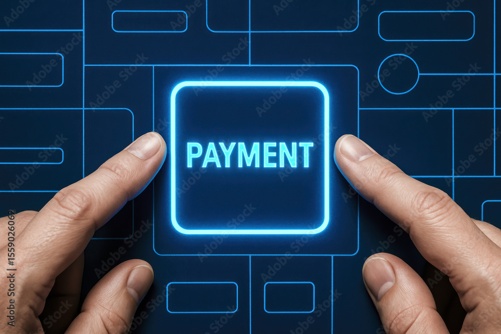 Poster a close-up two hands activating a glowing digital interface symbolizes transaction and secure paymen