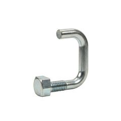 A single, robust, polished industrial-grade galvanized steel J-bolt with precise threading, presented in a 3/4 view on a transparent, shadowless studio background, concept of precision engineering