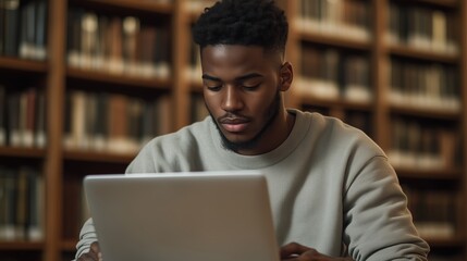 Student engages in focused study on laptop in library filled with books during morning hours