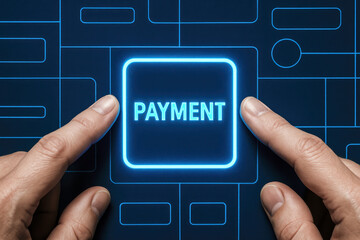 A close-up two hands activating a glowing digital interface symbolizes transaction and secure payment processing in business