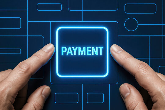 A close-up two hands activating a glowing digital interface symbolizes transaction and secure payment processing in business - Powered by Adobe