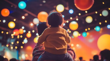 Child on father's shoulders at a party