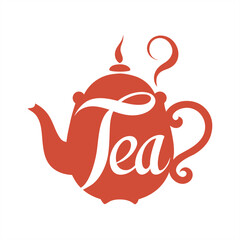 Hand lettered tea typography with steaming teapot on transparent background for web and graphic design