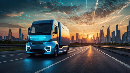 Futuristic smart truck driving on a highway at sunset