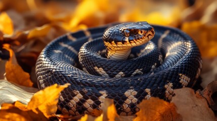 Fototapeta premium Close-up of a coiled black snake with white markings on autumn leaves.
