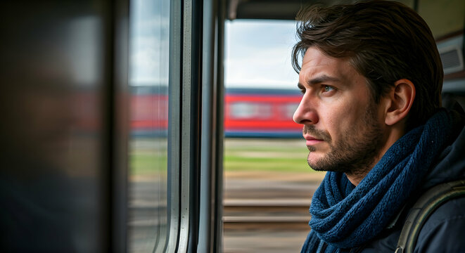 A pensive man gazes out a train window lost in thought a serene travel moment ideal for marketing emotional journeys or contemplative themes.