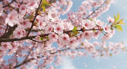 Obraz premium 春の光輝く桜満開 優しく舞い散る花びら. AI Generated