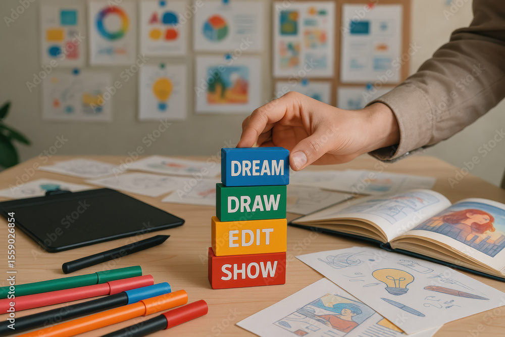 Poster in a creative studio setting strategic thinking builds ideas through dynamic drafting refining conte