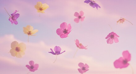優しく舞い上がる 花びら 淡いパステル色の空 夢心地な雰囲気. AI Generated