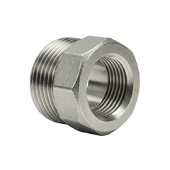 New polished galvanized steel industrial pipe fitting (coupling) with precise threading, isolated on a transparent seamless studio background with bright shadowless illumination, clean and functional