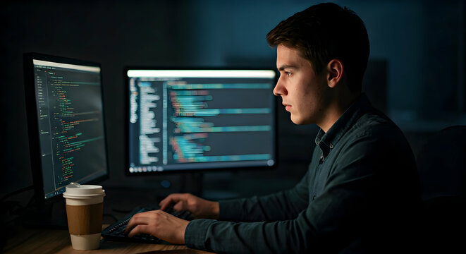 A focused individual diligently codes on multiple monitors in a dim environment perfect for software development cybersecurity or data analysis late night work.