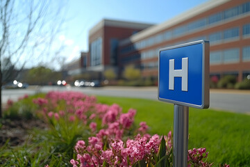 Hospital sign with pink flowers in foreground and blurred buildi