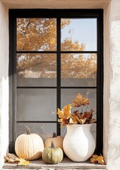 Autumn window view with pumpkins and leaves