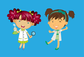 Young Scientists at Play: Two cartoon scientists, full of imagination and curiosity, engage in playful exploration, symbolizing early science education and a child's world of discovery.