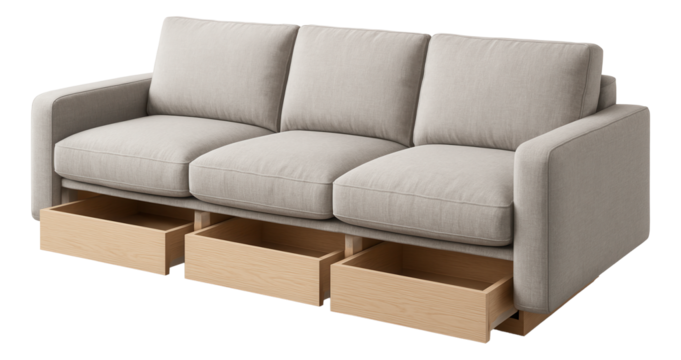 Straight sofa featuring built-in storage compartments beneath the seating, ideal for keeping an organized apartment living area.
