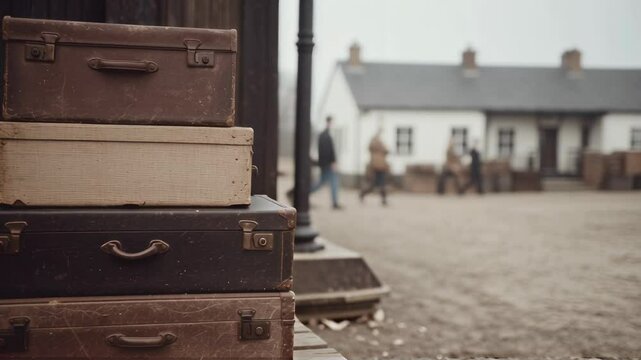 Vintage suitcases stacked outside rural house. Nostalgic travel concept. Rustic countryside scene with luggage and farmhouse. Retro style video for memory, journey, or moving theme.