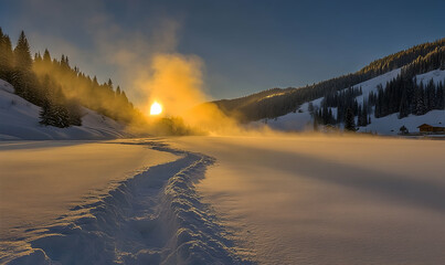 Golden Sunrise Illuminating Snowy Landscape with Footprints and