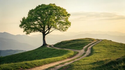 A single tree stands on a hilltop with a path that splits into two directions under a soft sky