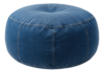 An oversized pouf with a soft denim cover, perfect for lounging in a casual family room.
