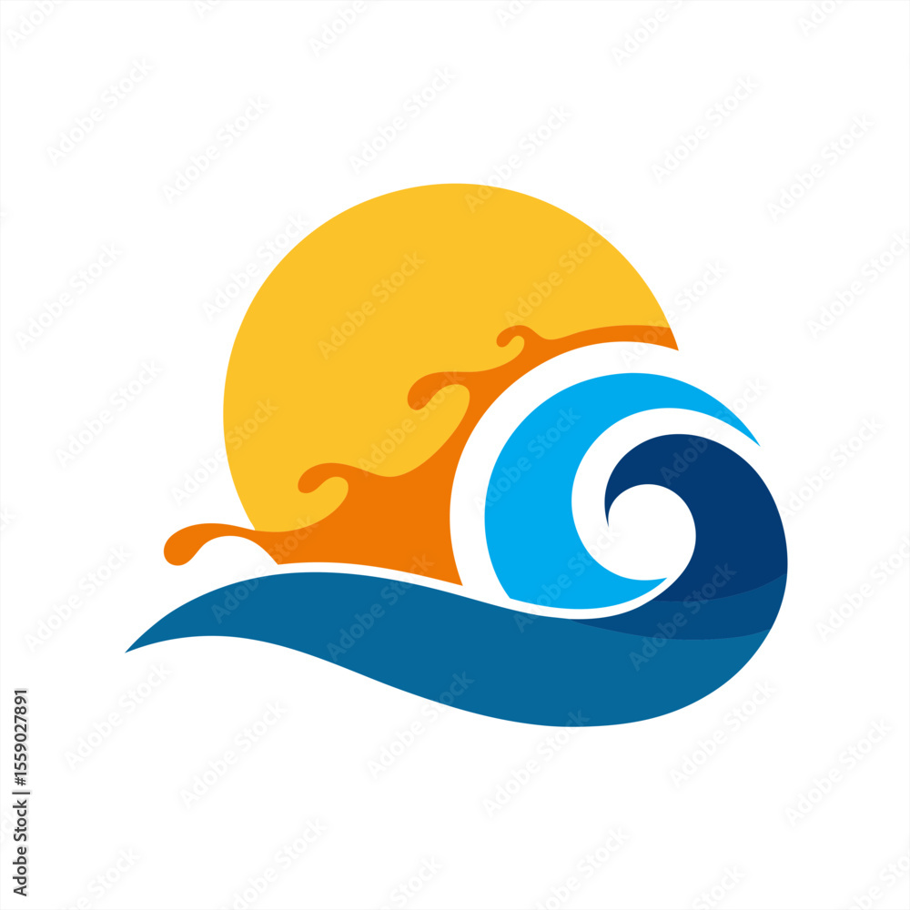 Poster ocean curl with sunset and water splash vector illustration on transparent background for web and gr