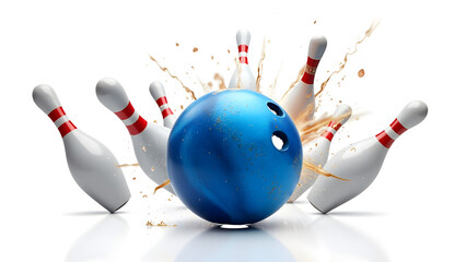 Bowling ball hitting pins isolated on a transparent background
