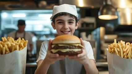 A proud young teen serves burgers and fries during their first fast-food job in a lively restaurant, showcasing enthusiasm and responsibility after school hours.