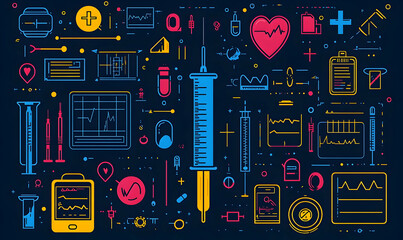 Vibrant Medical Line Art: Syringe, Heartbeat, and Data Charts