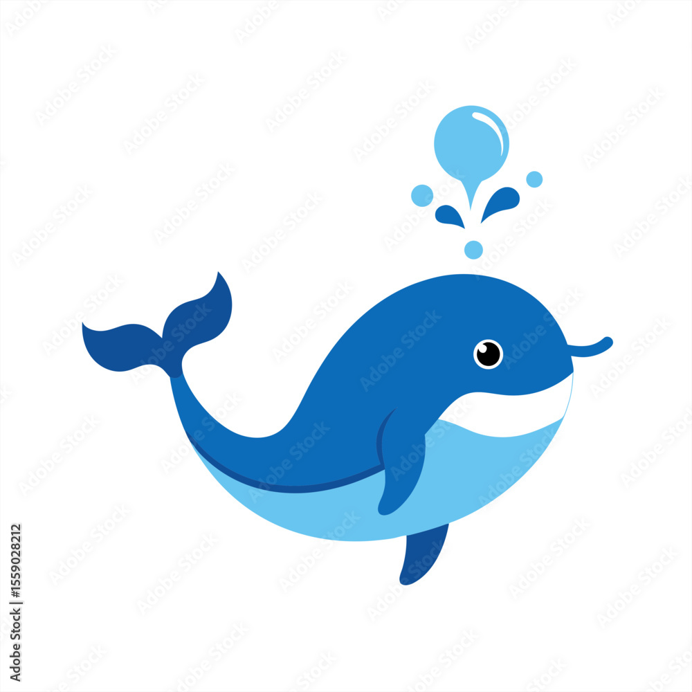 Poster playful whale with water spout and fish vector on transparent background for web and graphic design
