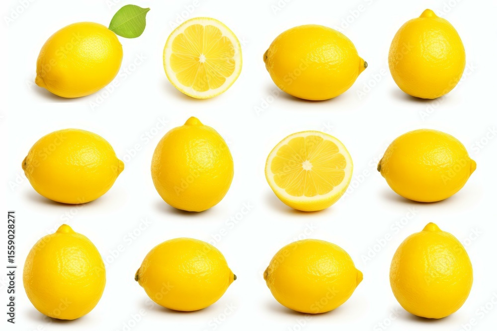 Poster twelve images of lemons, whole and sliced, creating a vibrant and zesty visual