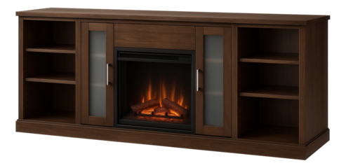 A large entertainment center with a built-in electric fireplace, perfect for a cozy family room in a suburban house.