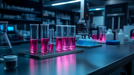 Pink liquid in test tubes on a metal rack in a science lab under