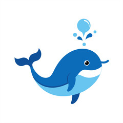 Playful whale with water spout and fish vector on transparent background for web and graphic design