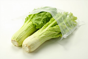  Fresh Chinese Cabbage In Plastic Bag Still Life, Green White Clear, Healthy Produce Packaging Concept