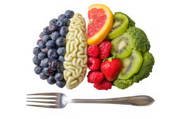 Brain shaped arrangement of fresh fruits and vegetables with a fork isolated on transparent background