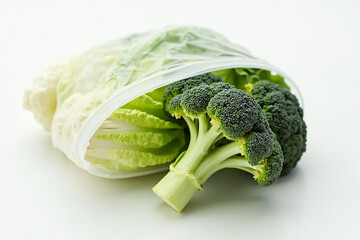 Fresh Broccoli And Cabbage In Plastic Bag Still Life, Green White Clear, Healthy Produce Packaging Concept 