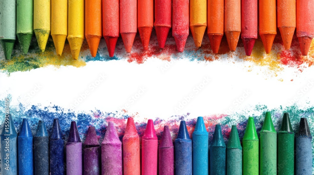 Poster a variety of crayons in distinct colors are aligned in a row. colorful powder is scattered below, cr