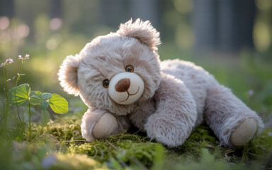 Cute Gray Teddy Bear Toy Is Lying On The Ground With Its Head Tilted Some Green Leaves
