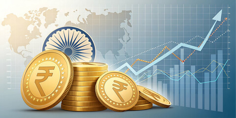Stacked Indian coins and money bag with rupee symbol in front of India flag and growth chart, representing economic progress, investment, and financial growth