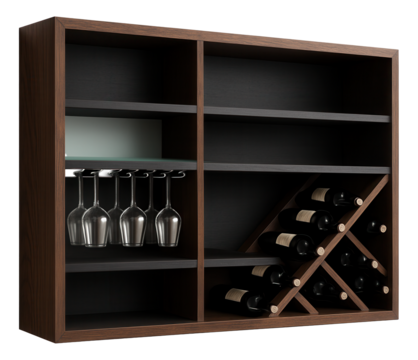 A wall unit with integrated wine racks and glass holders, transforming a living area into a stylish home bar.