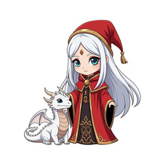 Adorable young arcane sorceress in a red robe standing next to her white baby dragon - isolated white background cartoon illustration