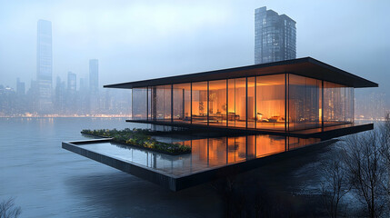 Modern Glass House on Water with Cityscape and Reflective Pool a