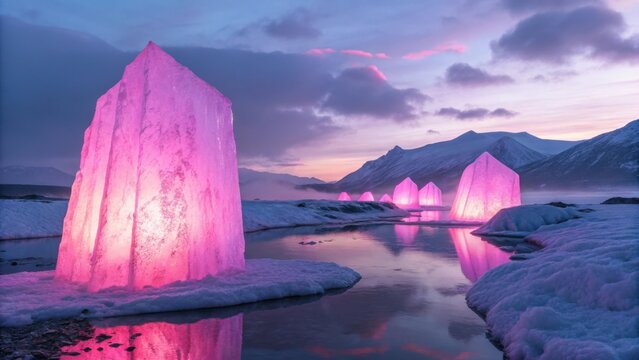 Illuminated icebergs on a glacial lagoon at dusk create a surreal and captivating landscape with mountains in the background