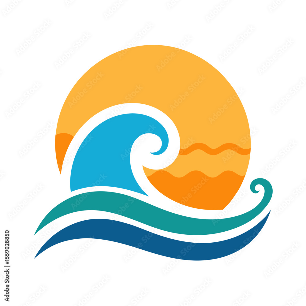 Aufkleber splashing ocean curl and setting sun illustration on transparent background for web and graphic desi